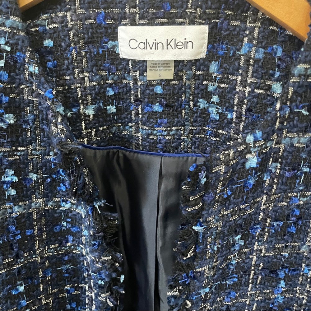 Calvin Klein Blue Tweed Fringe Jacket Plus